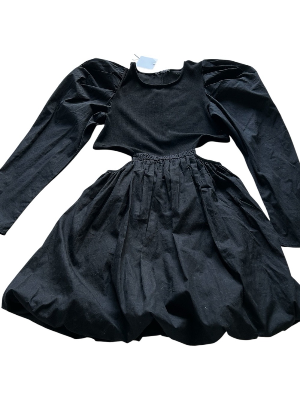 Zara Black Puff-Sleeve Mini Dress with Waist Cutouts NWT - Picture 4 of 12